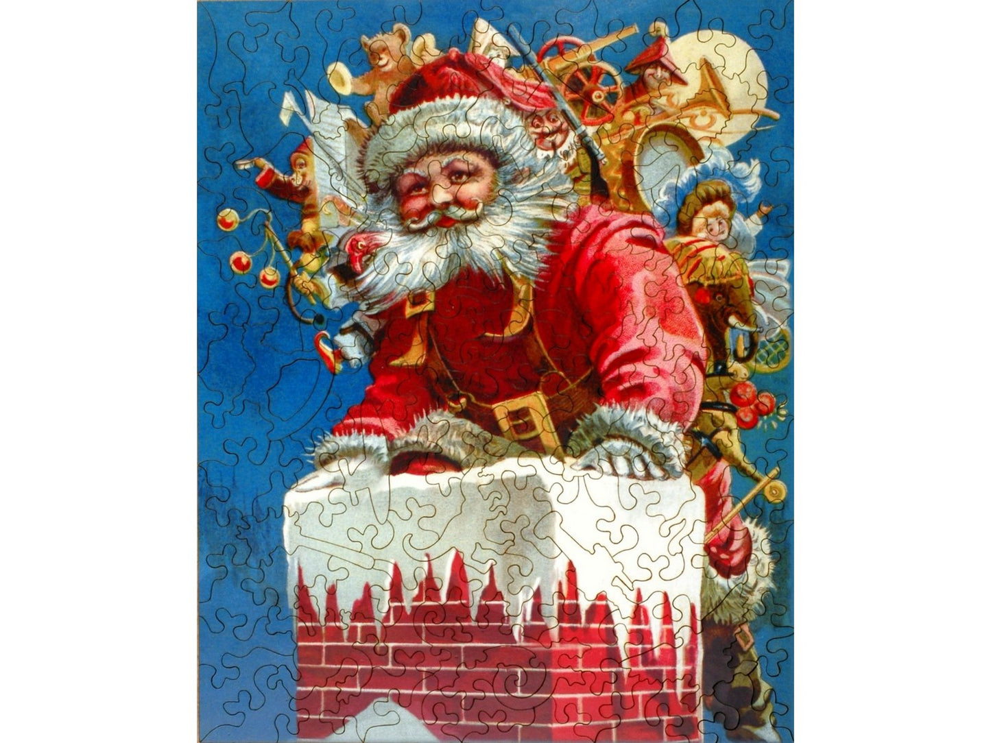 The front of the puzzle, Chimney Santa, which shows Santa Claus climbing into a chimney with lots of toys on his back.