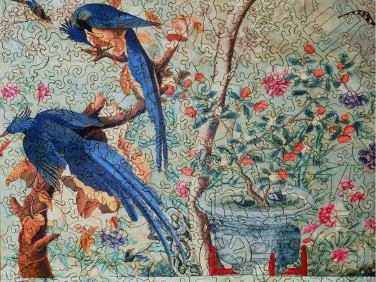 A closeup of the front of the puzzle, The Chinese Drawing Room at Temple Newsam House, showing the detail in the pieces.