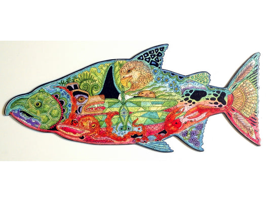 The front of the puzzle, Chinook Salmon, which shows colorful line drawings of various plants and animals in the shape of a fish.