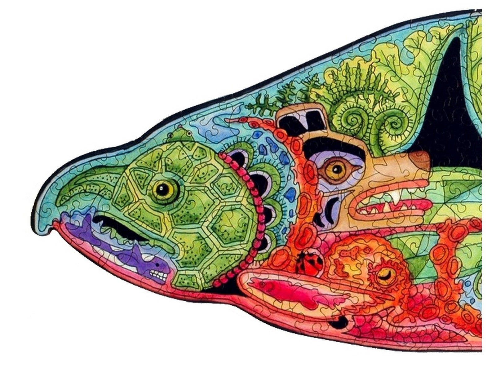 A closeup of the front of the puzzle, Chinook Salmon, showing the detail in the pieces.