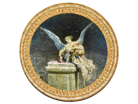 The front of the puzzle, Christmas Angel round, which shows an angel dropping toys down a chimney.