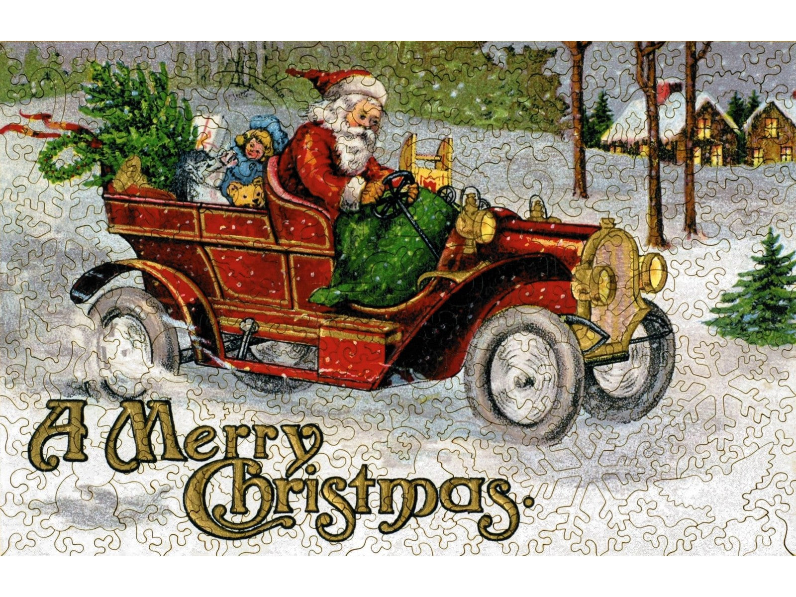 The front of the puzzle, Christmas Joyride, showing Santa Claus driving a vintage car filled with toys through the snow.