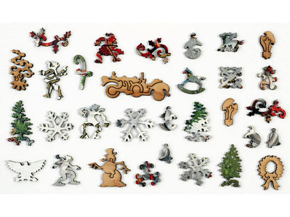 The whimsy pieces that can be found in the puzzle, Christmas Joyride. 