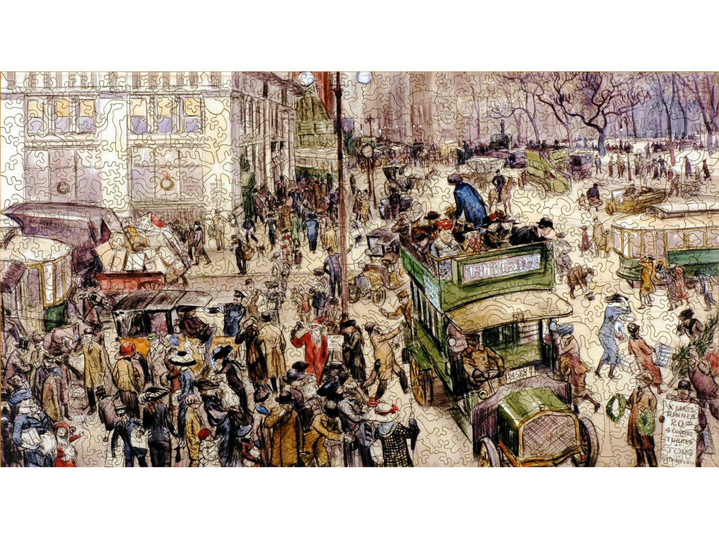 The front of the puzzle, Christmas Shoppers, Madison Square, which is a drawing of a busy street scene in New York City near Chriatmastime. 