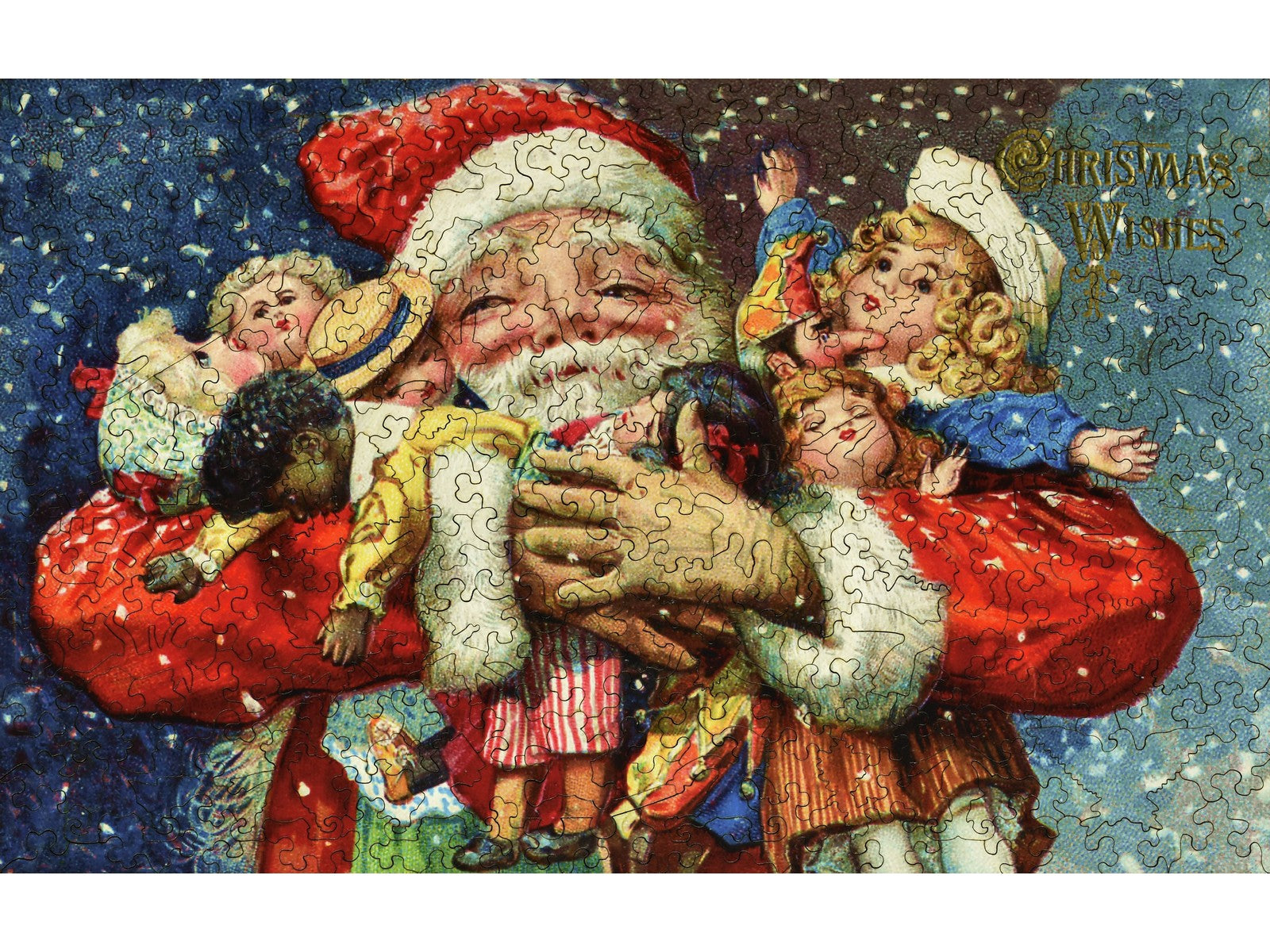 The front of the puzzle, Christmas Wishes, which shows Santa Claus holding an armful of dolls.