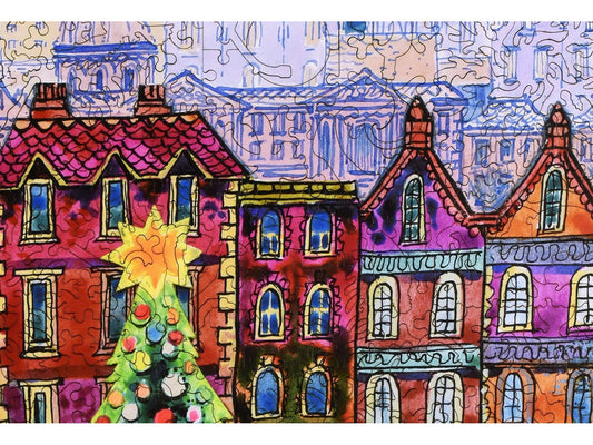 A closeup of the front of the puzzle, City Christmas Tree.