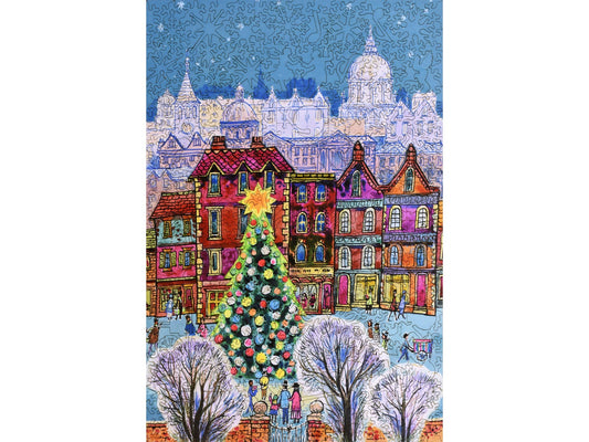 The front of the puzzle, City Christmas Tree, which shows a city scene in winter.