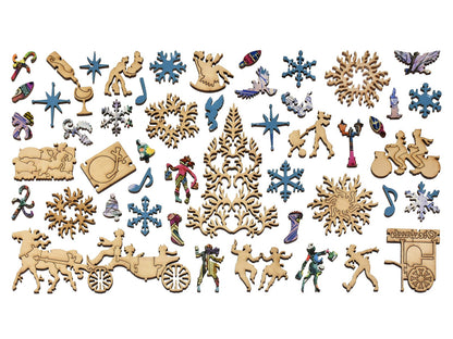 The whimsy pieces that can be found in the puzzle, City Christmas Tree.