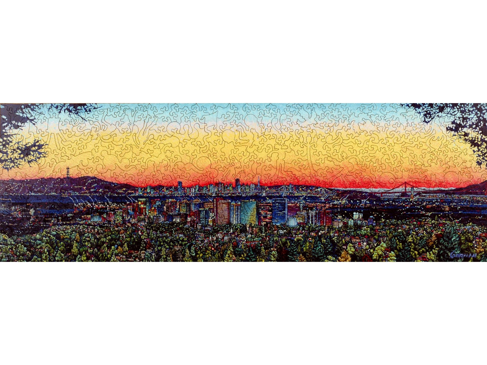 The front of the puzzle, City Sunset, which shows the city skyline of San Francisco at sunset.