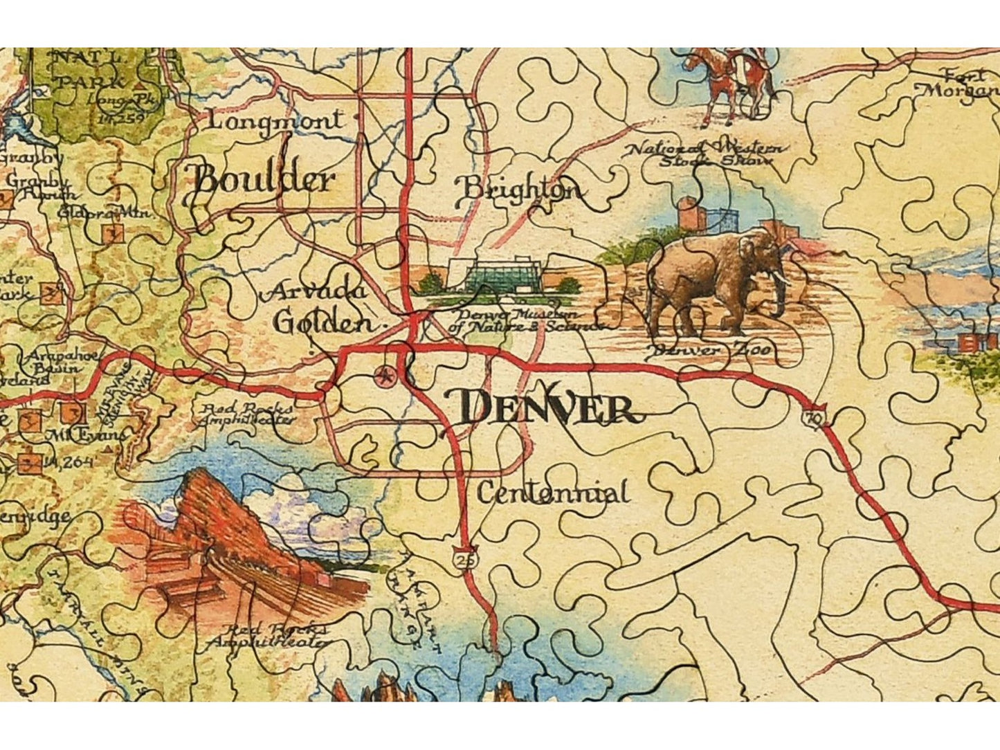 A closeup of the front of the puzzle, Colorado Xplorer Map, showing the detail in the pieces.