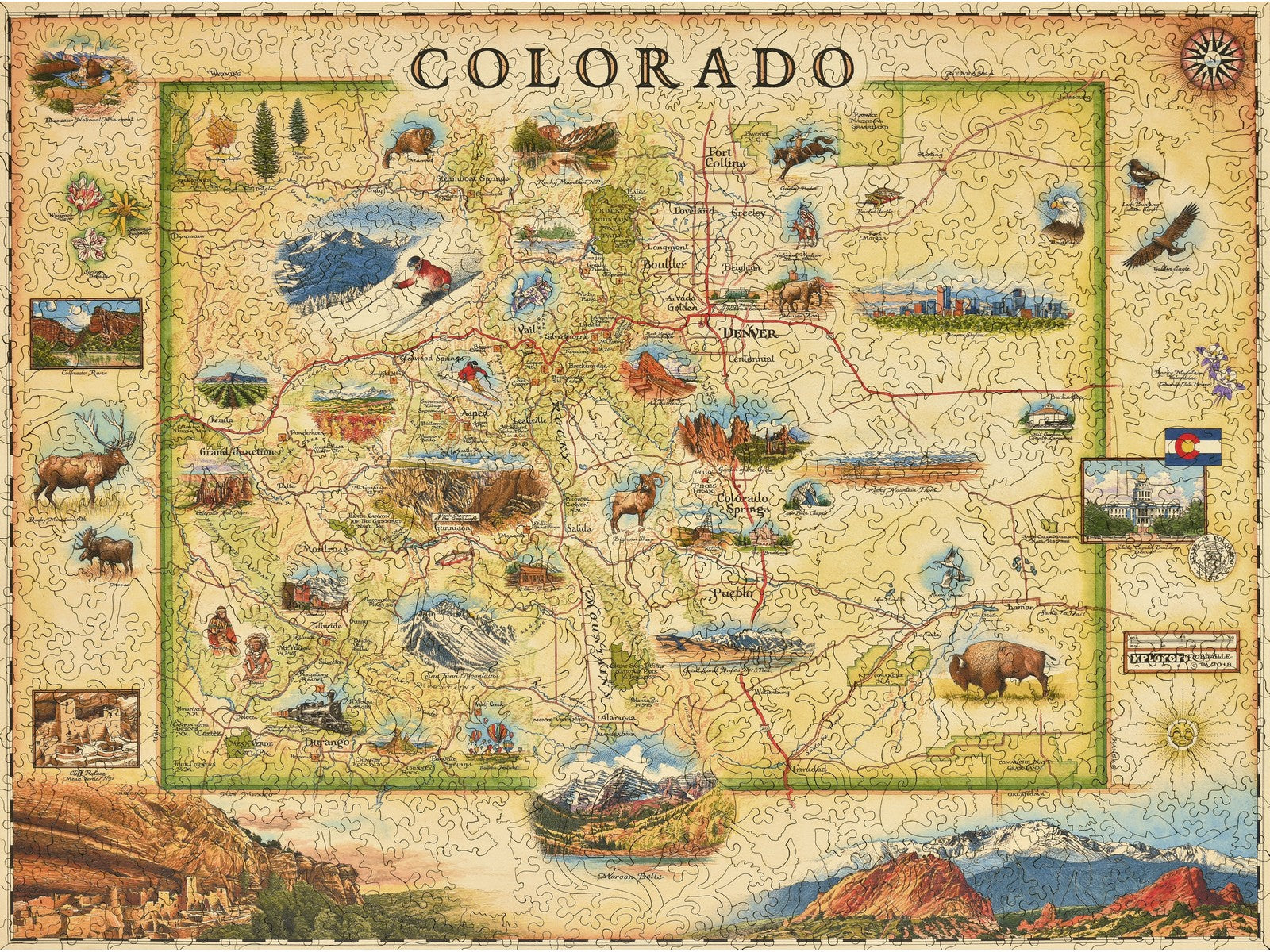 The front of the puzzle, Colorado Xplorer Map, which shows a map of colorado with illustrated places of interest.