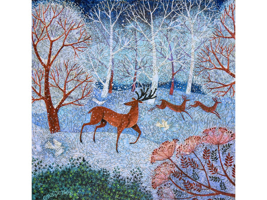 The front of the puzzle, Cool Stag, which shows some deer in a wintery forest.