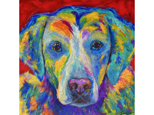 The front of the puzzle, Cooper, which shows a colorful painting of a dog.