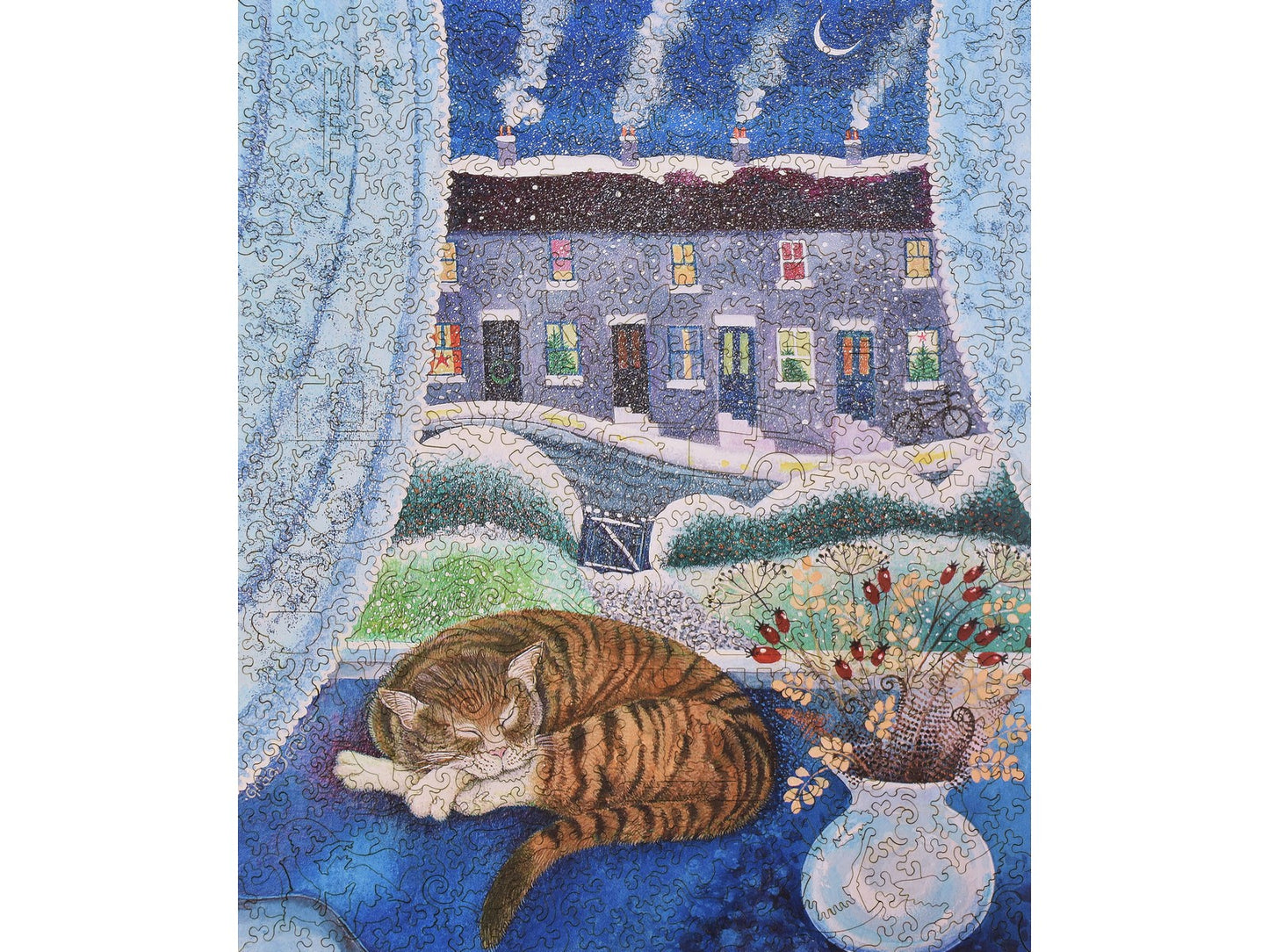 The front of the puzzle, Cosy Cat, with a cat napping in a window on a winter's night.