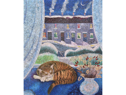 The front of the puzzle, Cosy Cat, with a cat napping in a window on a winter's night.