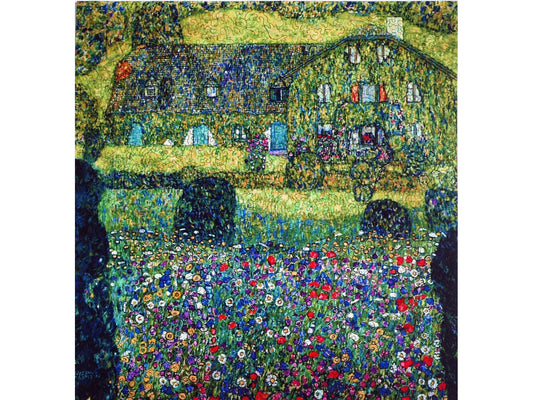 The front of the puzzle, Country House by the Attersee, which shows a house and a garden filled with flowers.