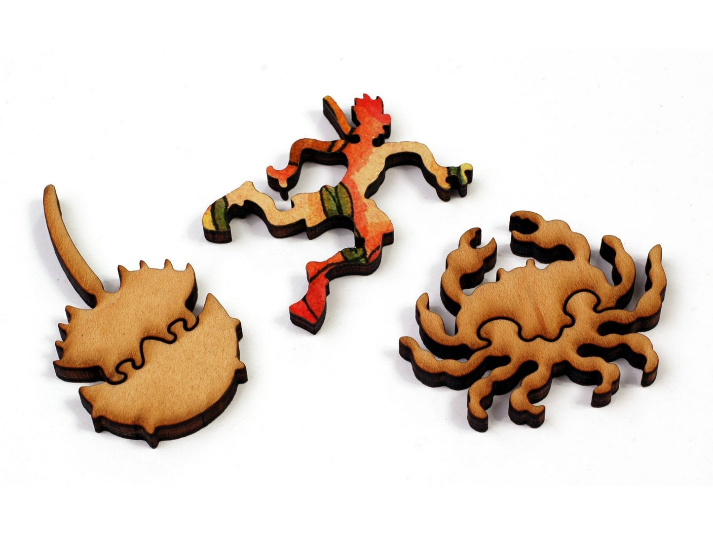 A closeup of pieces showing a diver, crab, and horseshoe crab.