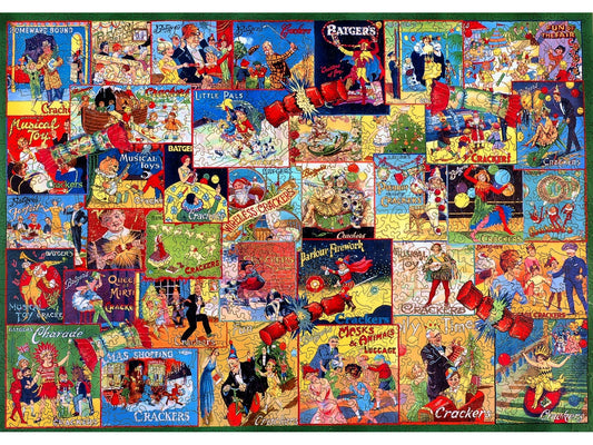 The front of the puzzle, Holiday Crackers, showing a collage of vintage advertisements for Christmas crackers, with a green border..