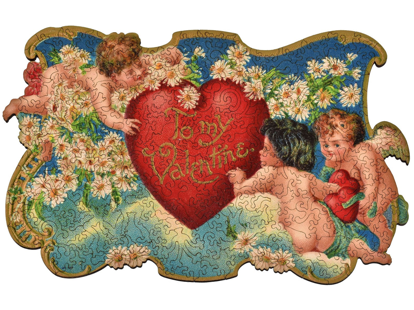 The front of the puzzle Cupid Garden Party, which shows three cherubs and flowers surrounding a heart with the words, "to my valentine".
