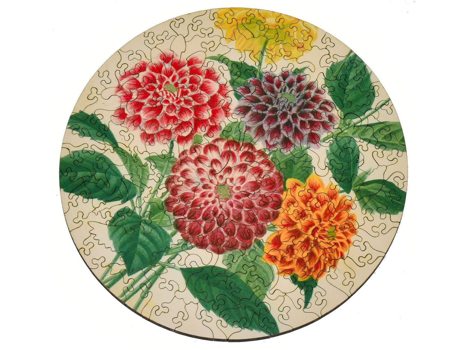 The front of the puzzle, Dahlias, which shows brightly colored flowers.