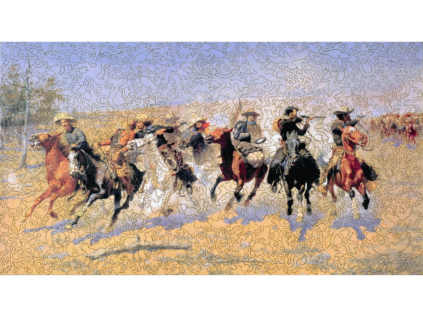 The front of the puzzle, A Dash for the Timber, which shows a group of cowboys riding horses being chased through the desert.