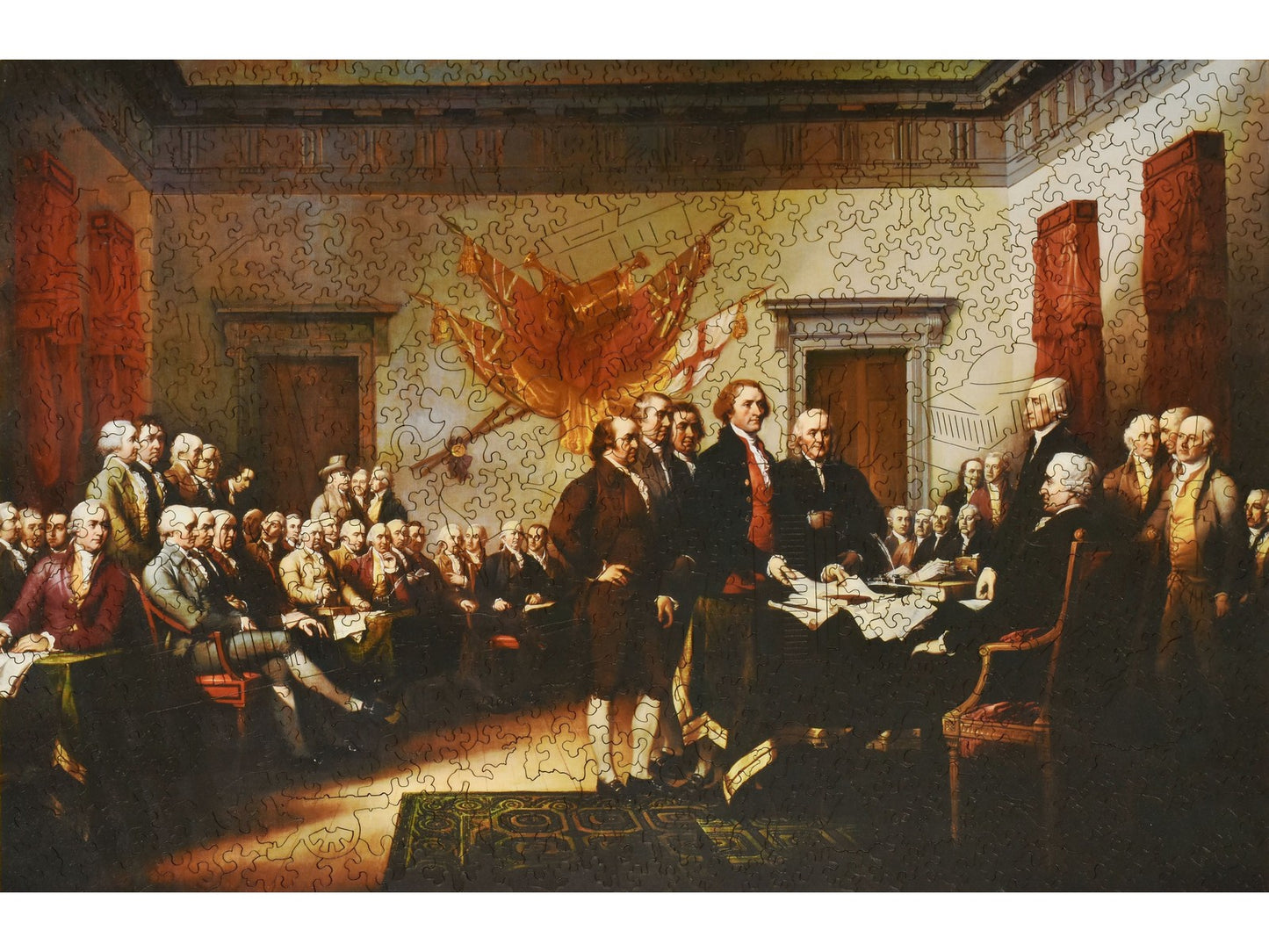 The front of the puzzle, Declaration of Independence, which shows the signing of the Declaration of Independence by the founding fathers of the united states.