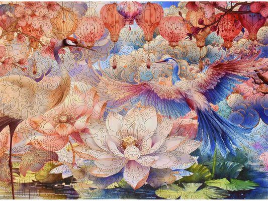 The front of the puzzle, Delicate Beings, which shows two cranes with lotus flowers and lanterns.