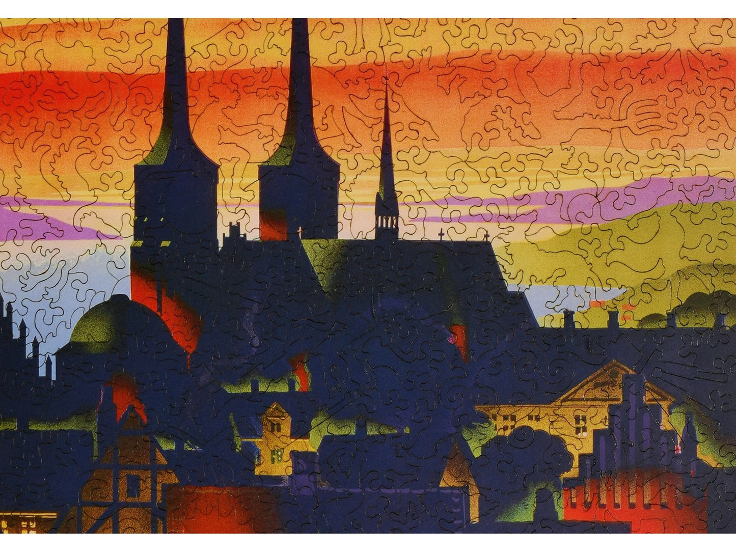 A closeup of the front of the puzzle, Denmark Land of Colour, showing the detail in the pieces.