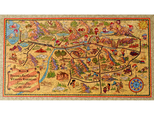 The front of the puzzle, Denver & Rio Grande Western Railroad, which shows a cartoon map of railroads through the American west.