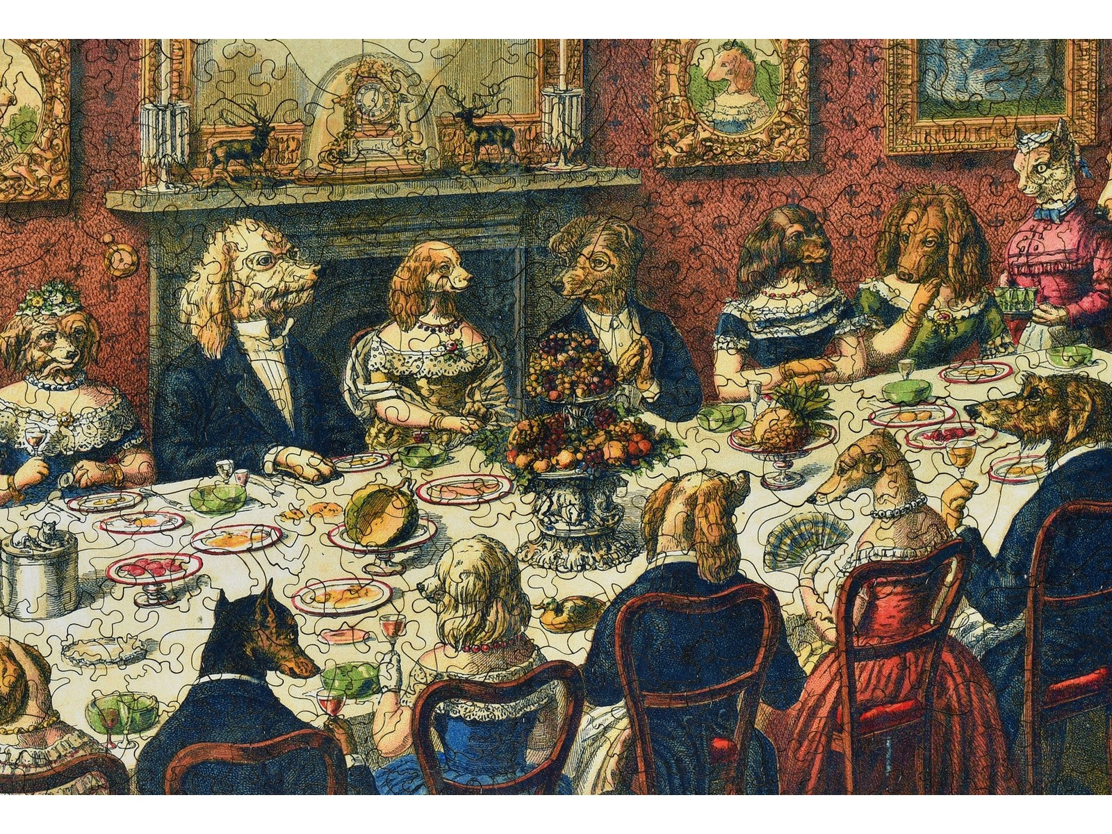 A closeup of the front of the puzzle, The Dogs Dinner Party, showing the detail in the pieces.