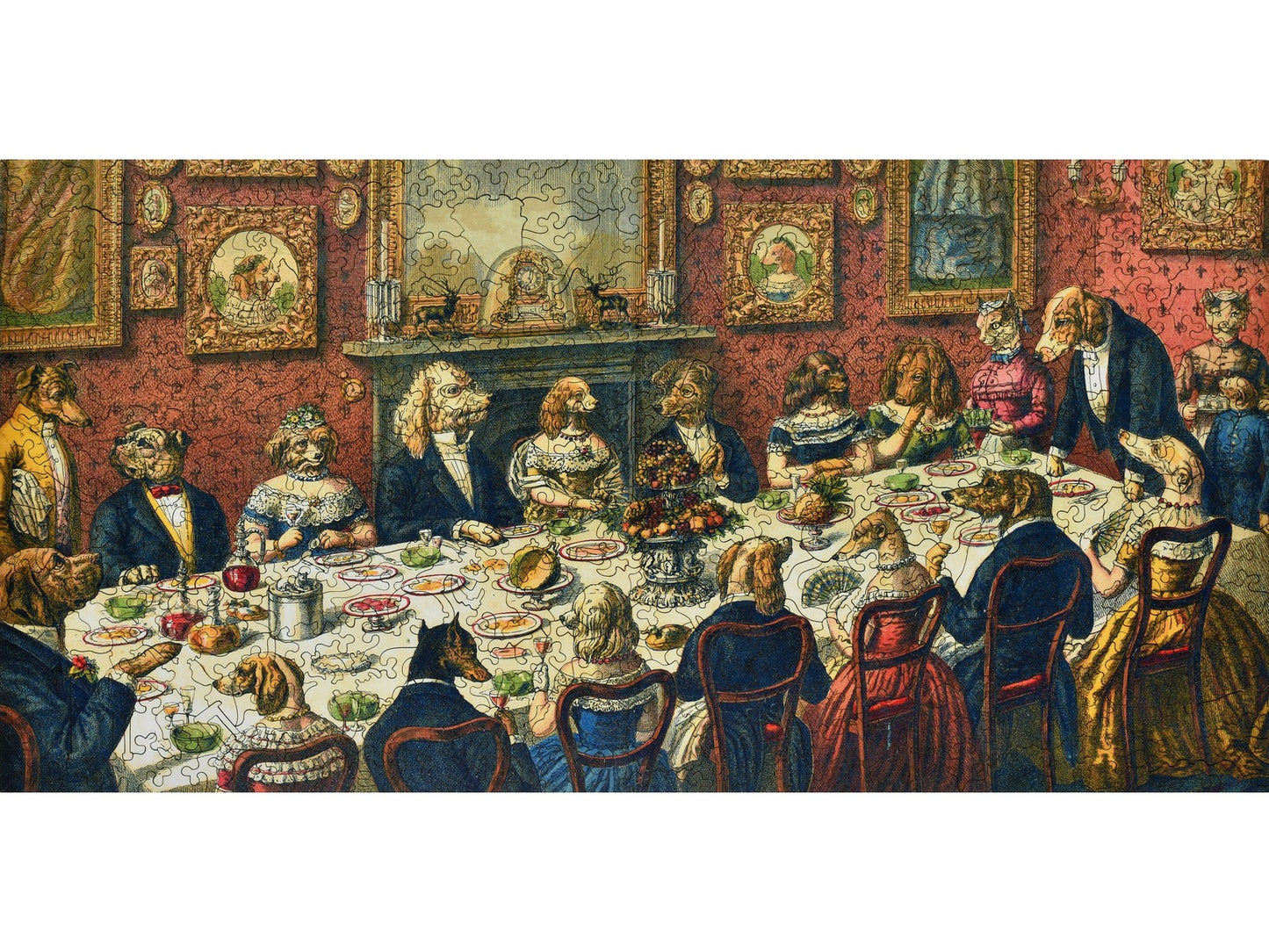 The front of the puzzle, The Dogs Dinner Party, which shows lots of dogs dressed up and having a fancy dinner.