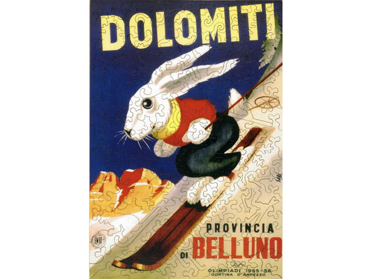The front of the puzzle, Dolomiti, showing a rabbit skiing down a hillside.