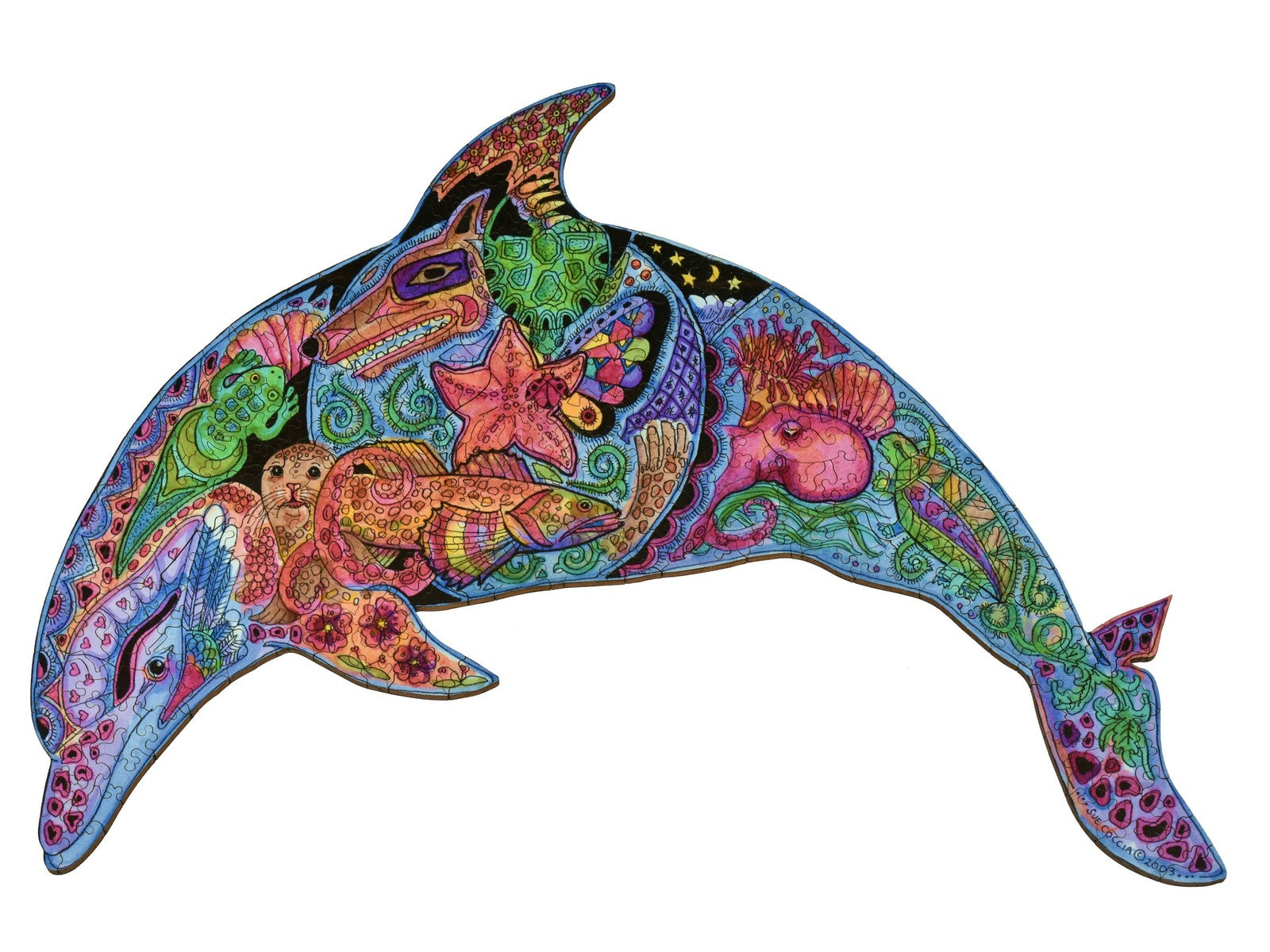 The front of the puzzle, Dolphin, which shows various ocean plants and animals, in the shape of a dolphin.