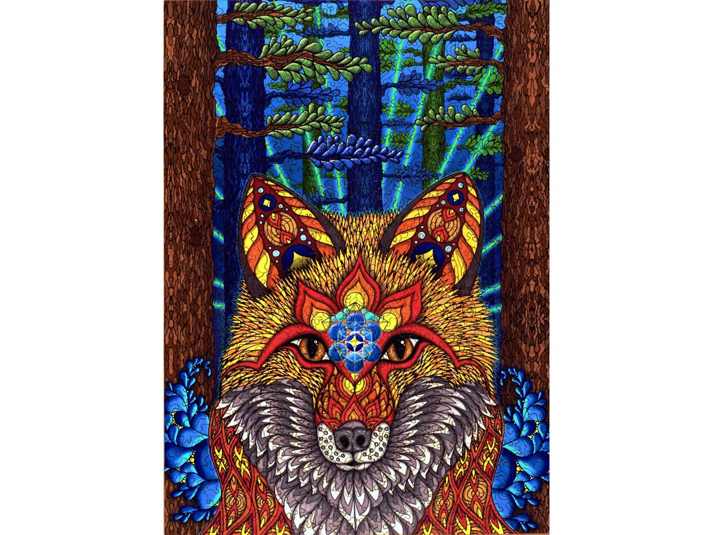 The front of the puzzle, Electric Fox, which shows a fox made up of colorful shapes in a forest.