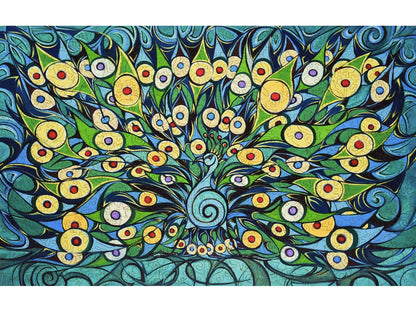 The front of the puzzle, Emerald Isle Peacock, which shows an peacock with an abstract pattern.