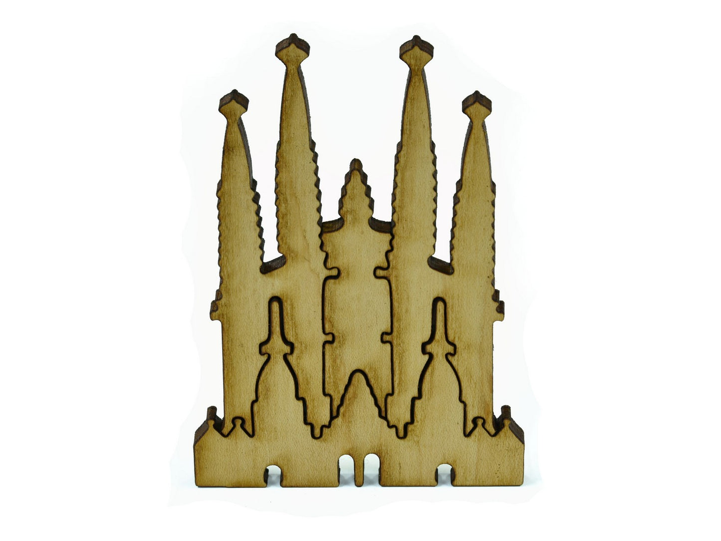 A closeup of pieces in the shape of a cathedral.