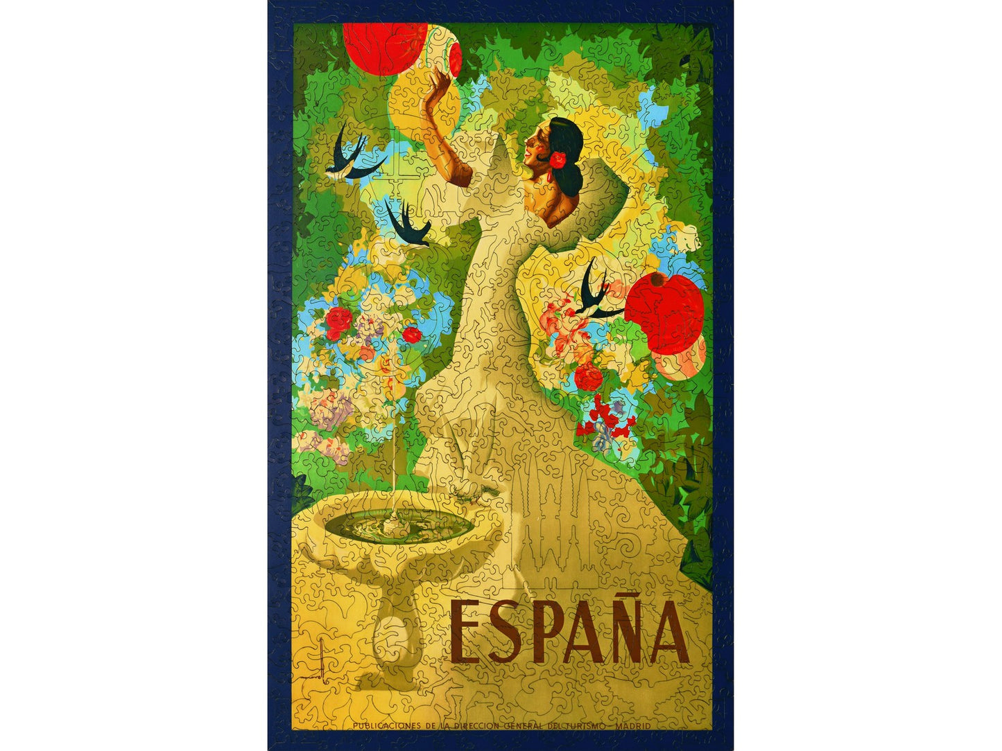 The front of the puzzle, España, which shows a flamenco dancer in a garden.