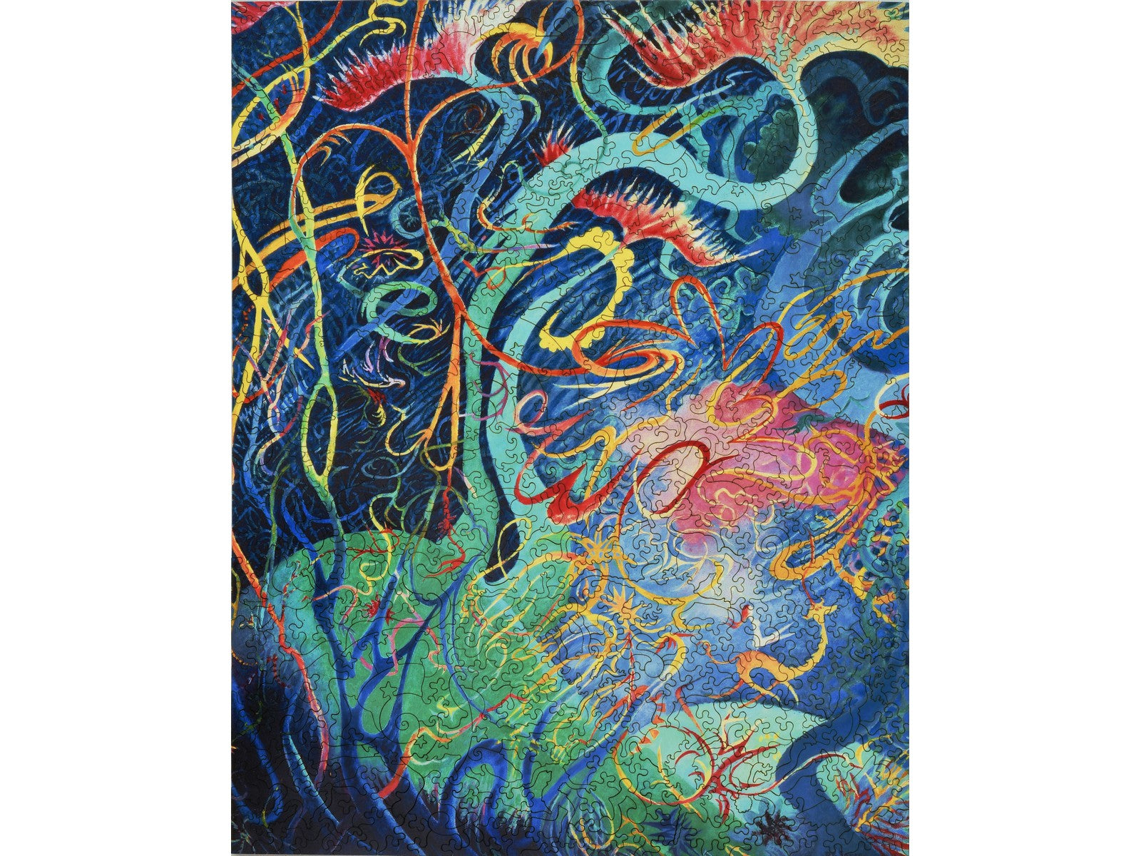 The front of the puzzle, Every Girl Should Have a Unicorn, which shows an abstract forest with a person riding a unicorn.