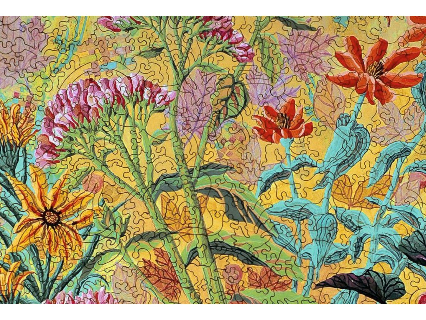 A closeup of the front of the puzzle, Fall Garden, showing the detail in the pieces.