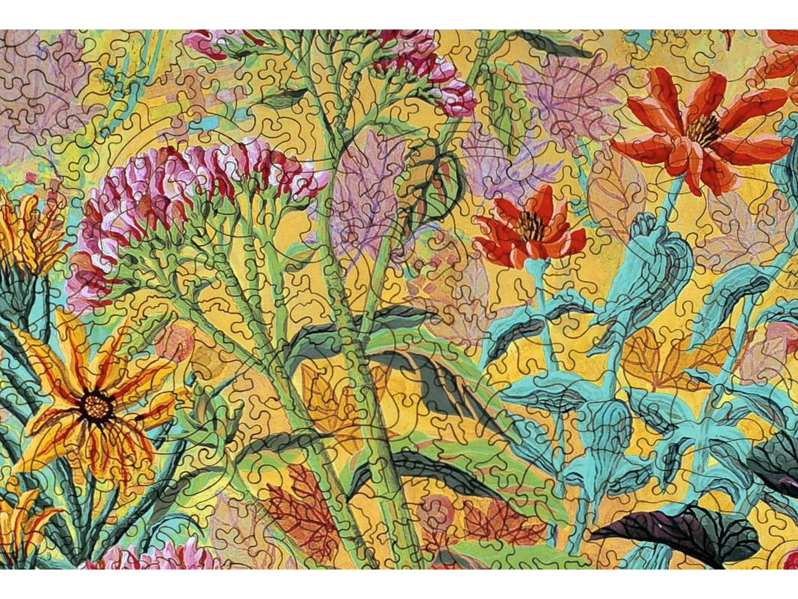 A closeup of the front of the puzzle, Fall Garden, showing the detail in the pieces.