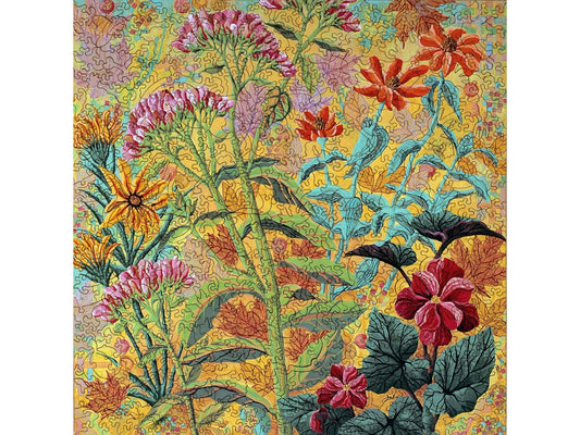 The front of the puzzle, Fall Garden, showing a stylized assortment of flowers with a yellow background.