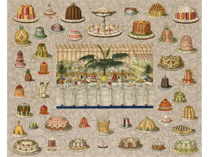 The front of the puzzle, Fancy Cakes, with a collage of cakes.