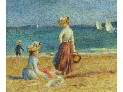 The front of the puzzle, Figures on the Beach, which shows a painting of two women on the beach, with boats on the ocean behind them.