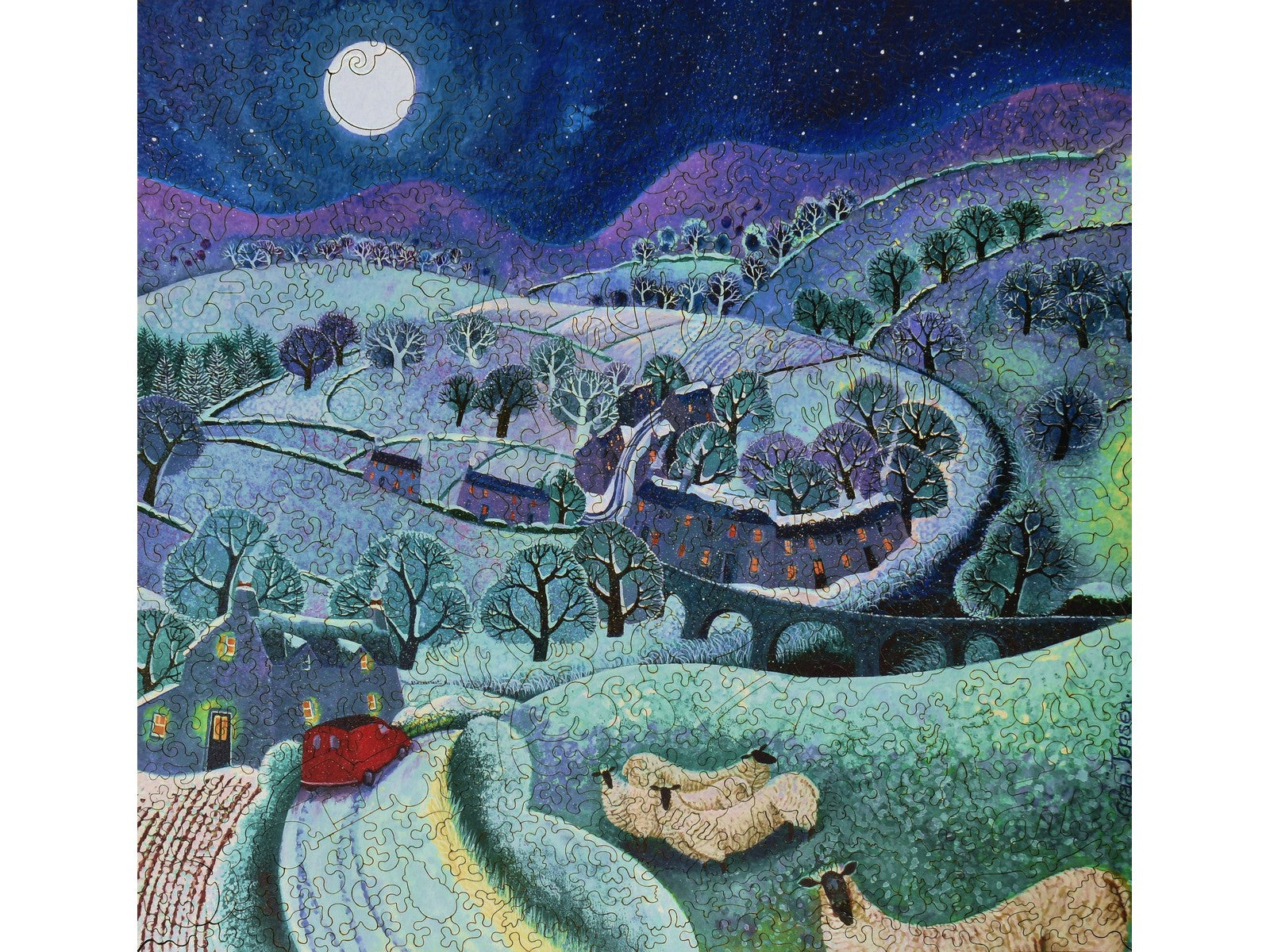 The front of the puzzle, First Sprinkling, which shows snow falling in the countryside at night.