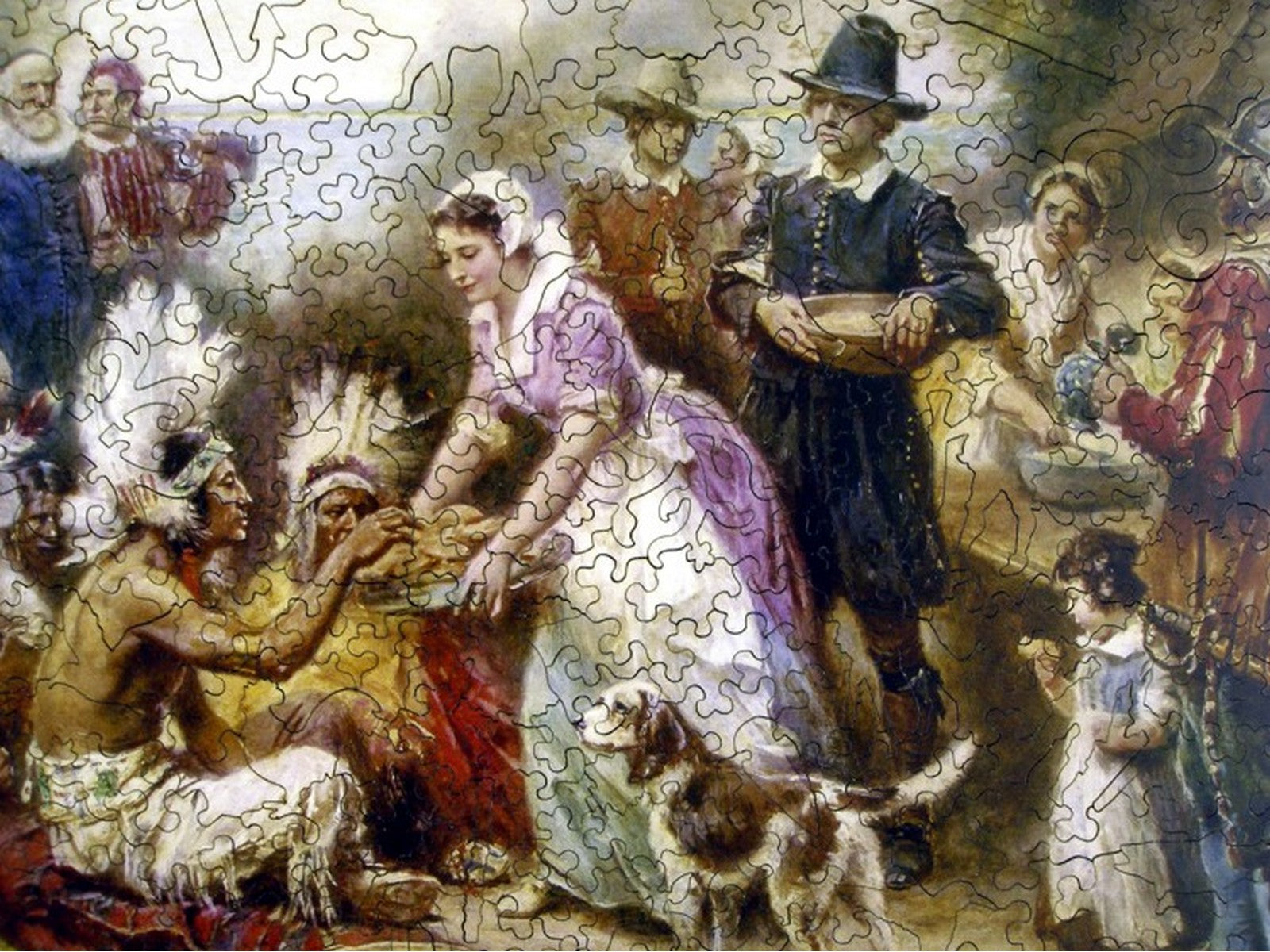 A closeup of the front of the puzzle, The First Thanksgiving, 1621.