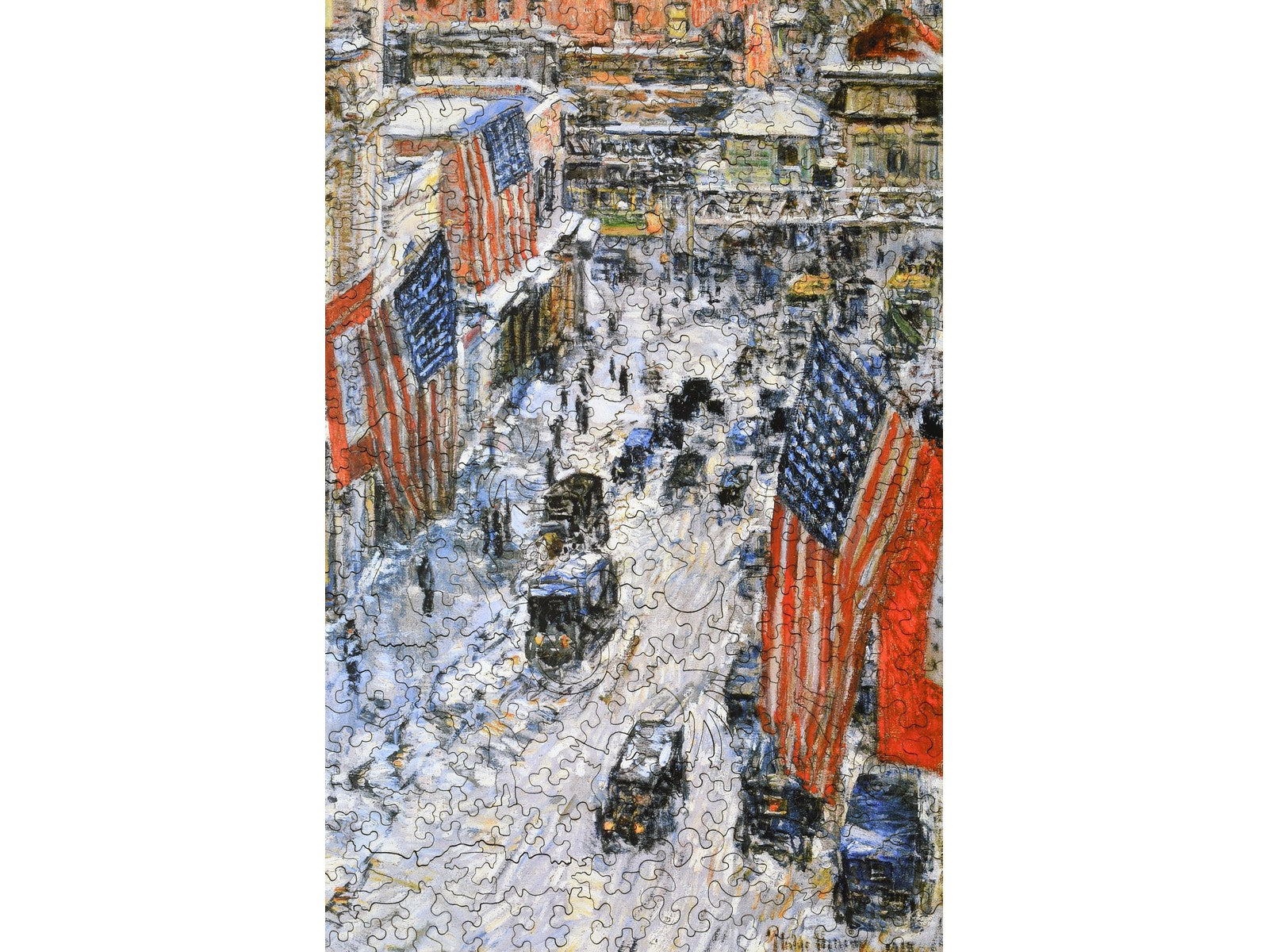 The front of the puzzle, Flags on 57th Street, Winter 1918, which shows a snowy street in Ney York City, with American flags flying from buildings.