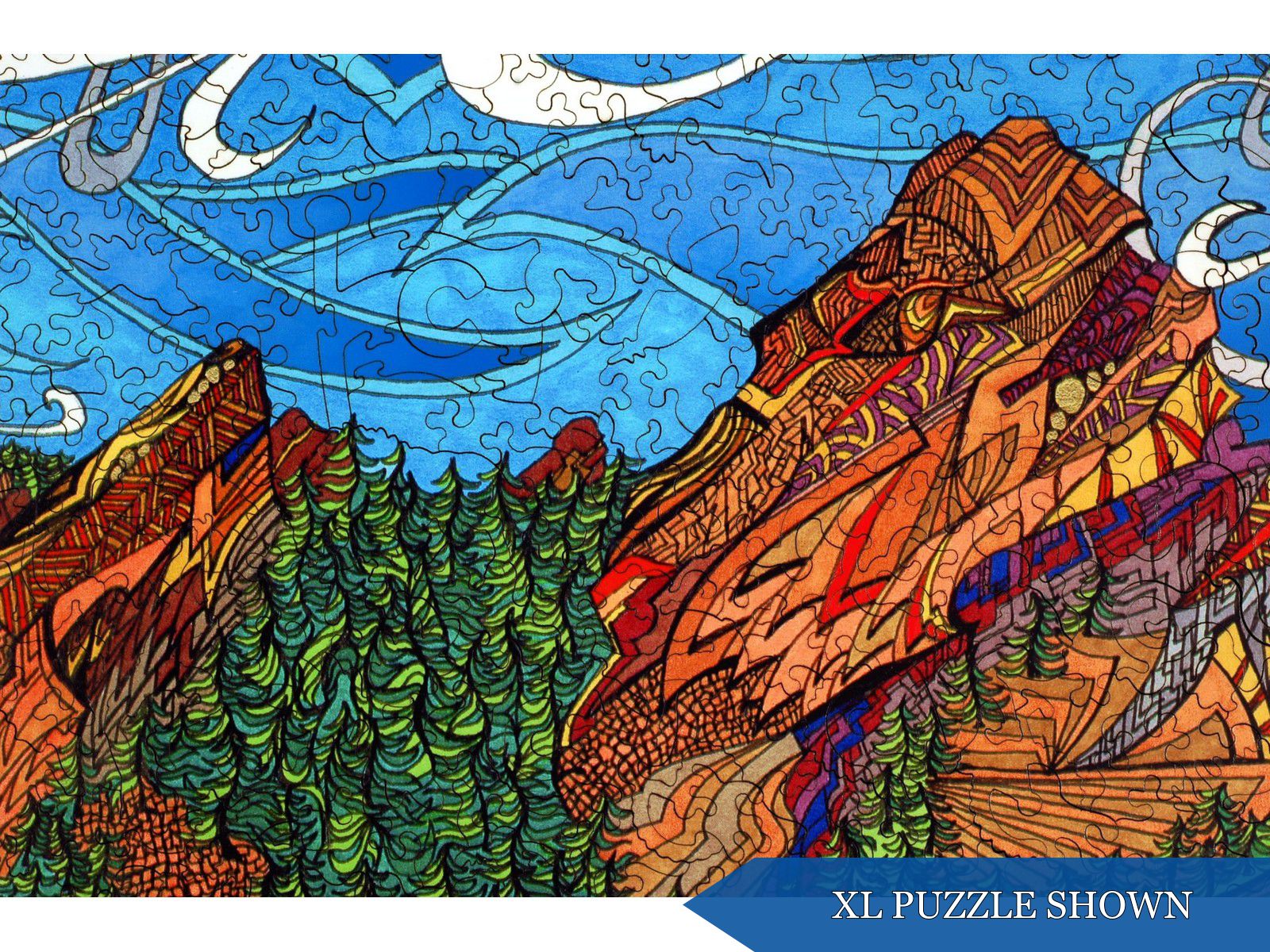 A closeup of the front of the puzzle, Flatirons XL.