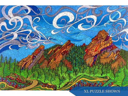 The front of the puzzle, Flatirons XL, showing a colorful landscape scene, featuring mountains, trees, and swirling clouds.