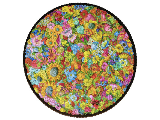 The front of the puzzle, Fleur, which shows a colorful pattern of flowers in a round shape..