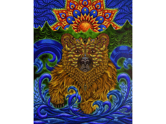 The front of the puzzle, Flight of the Grizzly, which shows a bear in the water with a mandala sun behind it.